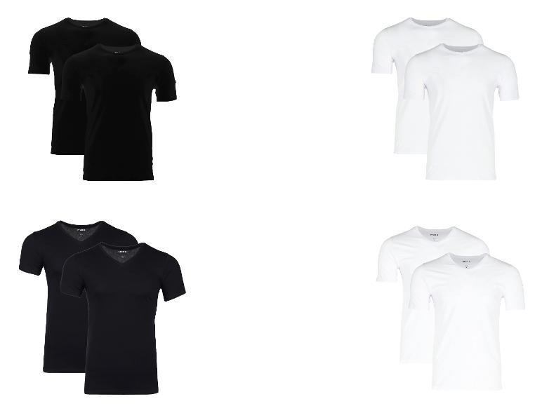 Vier Paar Mexx T-Shirts, schwarz und weiß, mit Rundhals- und V-Ausschnitt.