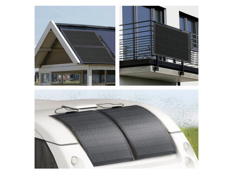 Flexible Solarmodule auf einem Dach, Balkon und Wohnmobil installiert.