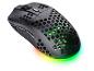 Schwarze Gaming-Maus mit perforiertem Gehäuse und RGB-Beleuchtung.