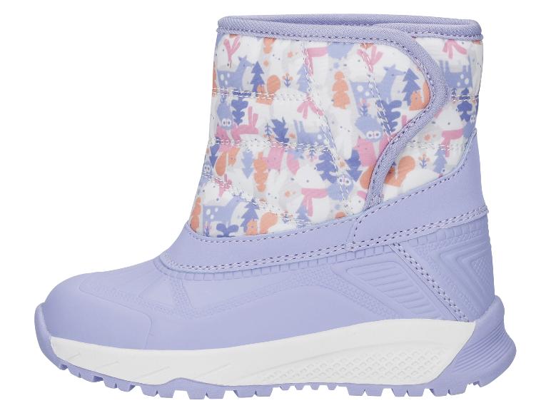 Ein lila Kinderwinterstiefel mit weißem und farbenfrohem Tiermuster.