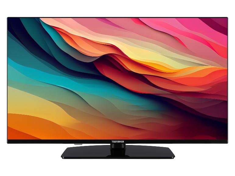 Telefunken Fernseher mit einem Bildschirm, der ein abstraktes, farbenfrohes Bild zeigt.