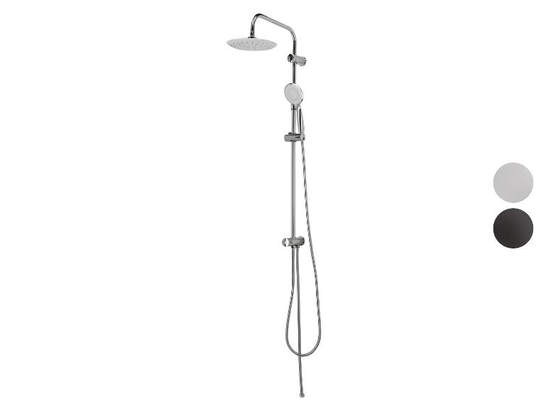 Verchromte Duschsäule mit runder Kopfbrause und Handbrause, mit Farboptionen.