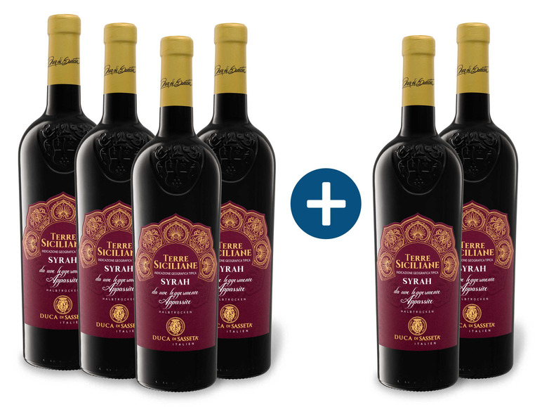 Gehe zu Vollbildansicht: 4 + 2 Weinpaket Duca di Sasseta Syrah Terre Siciliane IGT halbtrocken, Rotwein - Bild 1