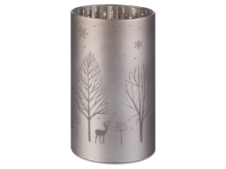 Windlicht mit Winterlandschaft, Bäumen, Rentier und Schneeflocken
