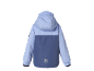 Kinderjacke in Blau und Lila mit Kapuze und Schneeflocke auf dem Rücken.