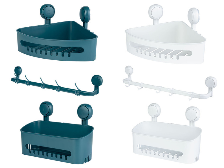 Zwei Badezimmerregale, ein dreieckiges und ein rechteckiges, mit Saugnäpfen.