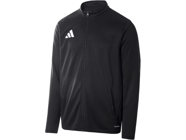 Schwarze Sportjacke mit Reißverschluss und weißem Logo auf der Brust.