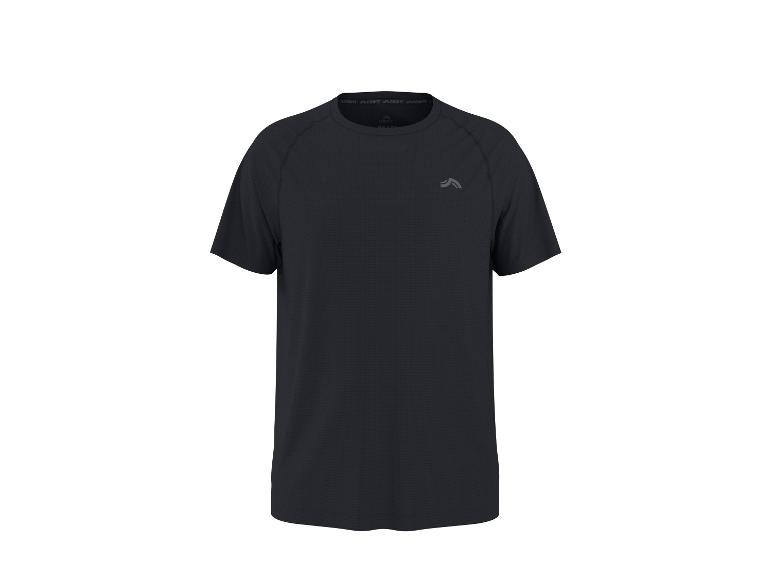 Schwarzes kurzärmeliges Sport-T-Shirt mit Rundhalsausschnitt und dezentem Muster.
