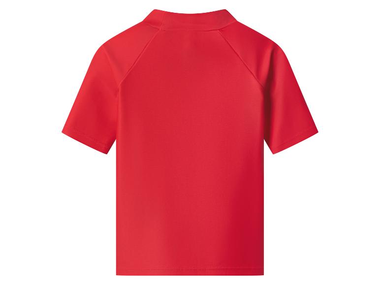 Rotes kurzärmeliges Kinder-T-Shirt mit Stehkragen, Rückansicht.