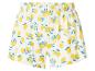 Weiße Shorts mit gelbem Zitronen- und blauem Blättermuster.