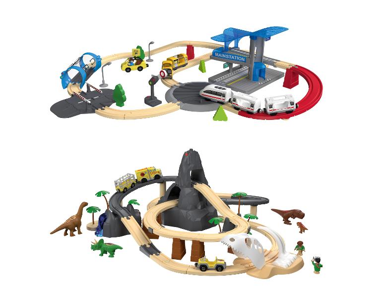 Holzeisenbahn-Set mit Stadt- und Dinosaurier-Thema, inklusive Schienen, Fahrzeugen und Zubehör.
