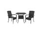 3-teiliges Garten-Bistro-Set mit zwei schwarzen Korbstühlen und einem runden Glastisch.