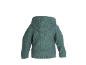 Rückseite einer grünen gestrickten Baby-Strickjacke mit Kapuze.