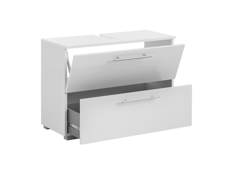 Weißer Badezimmerschrank mit zwei Schubladen, eine offen und eine gekippt.