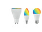Drei farbige LED-Lampen: GU10, Kerzenform und E27.