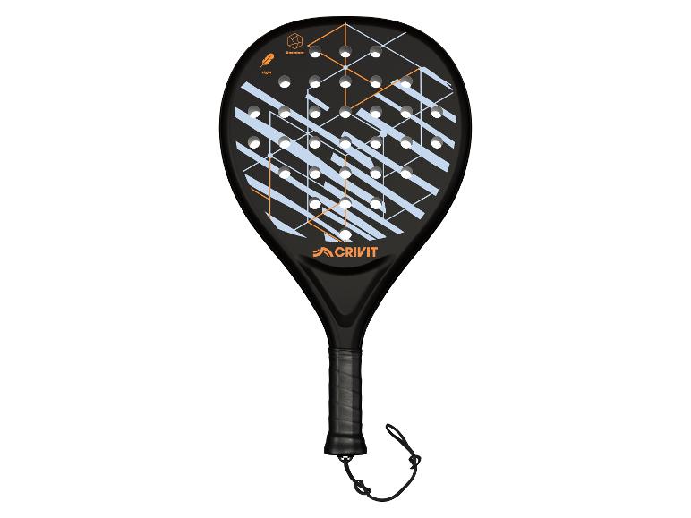 Schwarzer Padelschläger mit orange-blauem geometrischem Design, mit den Texten „Resistant“ und „Light“.