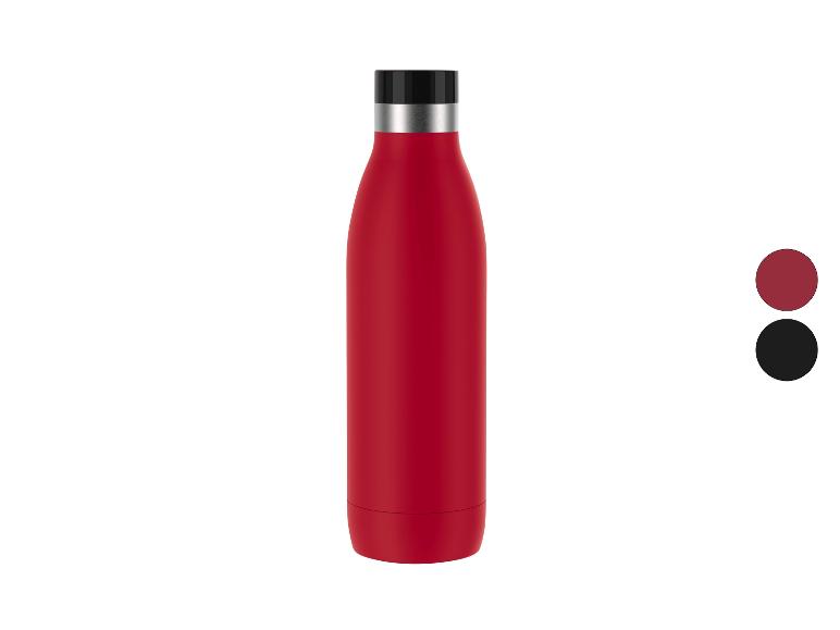 Rote Isolierflasche mit schwarzem und silbernem Verschluss, mit Farbmustern für Rot und Schwarz.