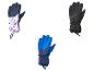 Drei Paar Skihandschuhe: ein Paar mit Blumenmuster, ein blaues und ein schwarzes Paar.
