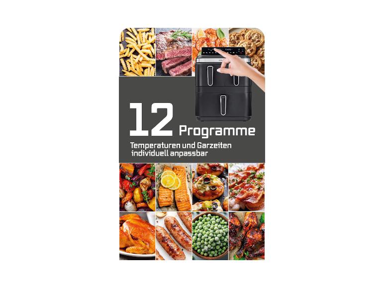 Heißluftfritteuse mit 12 Programmen, die Pommes, Steak, Gemüse, Fisch und mehr zubereitet.