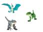 Drei Dinosaurierspielzeuge, darunter ein Pteranodon, ein Tyrannosaurus Rex und ein Blue.