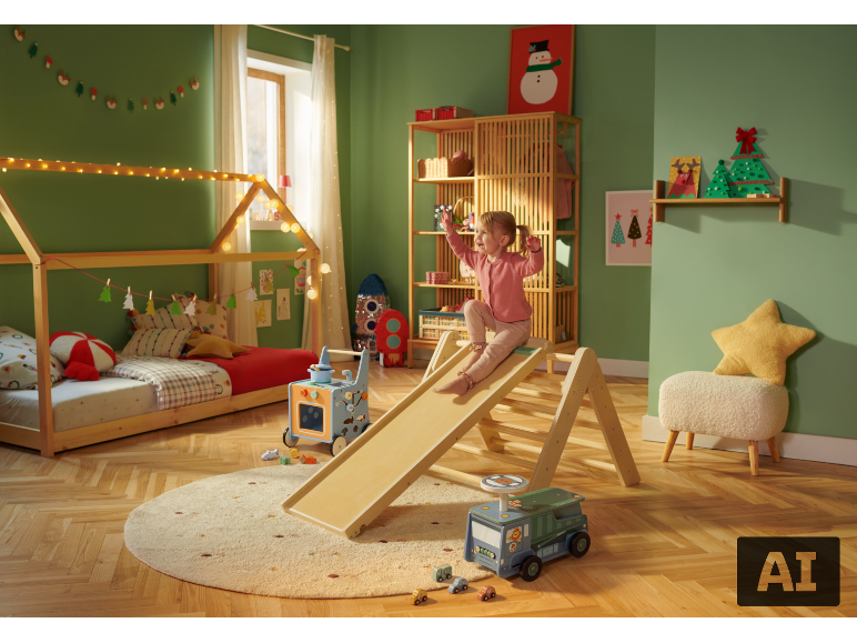 Mädchen rutscht auf Holzrutsche in Kinderzimmer mit Weihnachtsdekoration.