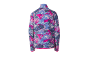 Rückseite einer bunten Fleecejacke mit lebhaftem abstraktem Muster in Pink, Blau und Weiß.