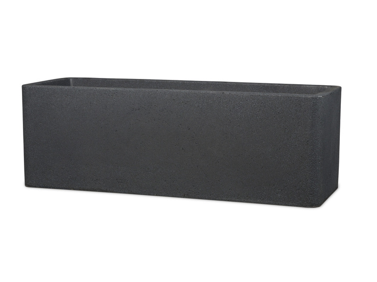 Ein rechteckiger, grauer Blumentopf.