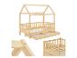 Helles Holzbett in Hausform mit Schubladen, Gesamtansicht und Details.