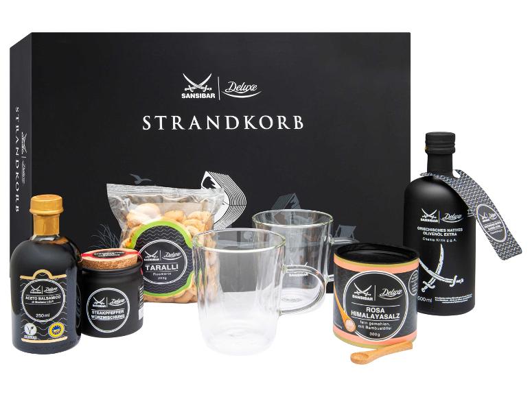 Sansibar Deluxe Geschenkset mit Olivenöl, Balsamico-Essig, Gewürzen und Snacks.