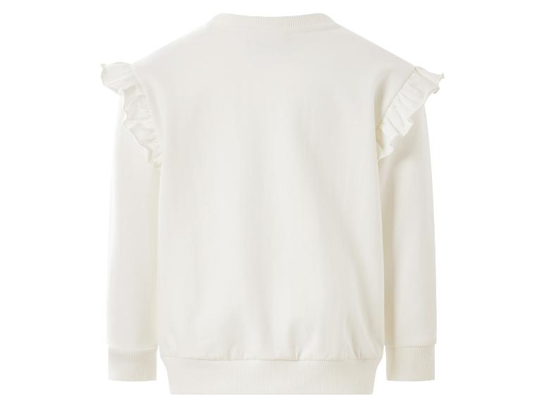 Weißes Langarm-Sweatshirt mit Rüschen an den Schultern, Rückansicht.