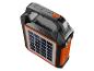 Tragbare schwarz-orange Campinglampe mit Solarpanel und Griff.