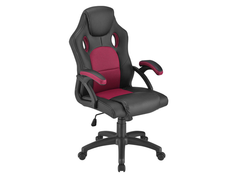 Schwarzer und roter Bürostuhl mit Armlehnen und Rollen.