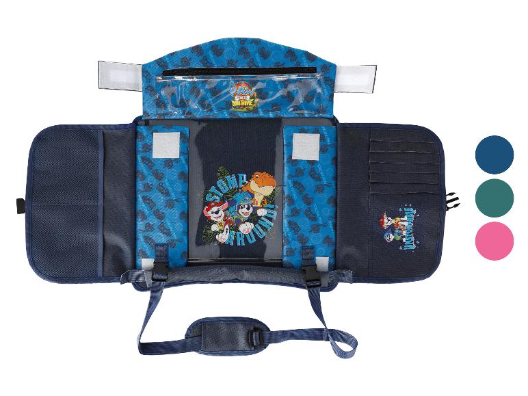 Blauer Autositz-Organizer mit Zeichentrickfiguren und Dinosaurier-Motiven.