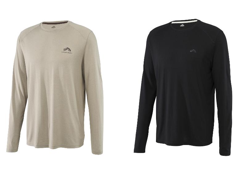 Zwei CRIVIT Langarmshirts, eines beige und eines schwarz, mit dem „GARDEN EARTH“-Logo.