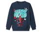 Blaues Sweatshirt mit Superhelden-Aufdruck und dem Text „NEIGHBORHOOD HERO“.