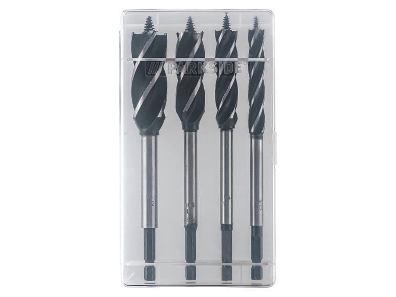 Ein Satz von vier PARKSIDE Bohrer in einer Plastikbox.