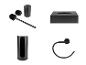 Schwarzes Badezimmer-Accessoire-Set: WC-Bürste, Seifenspender, Taschentuchhalter und Handtuchhalter.