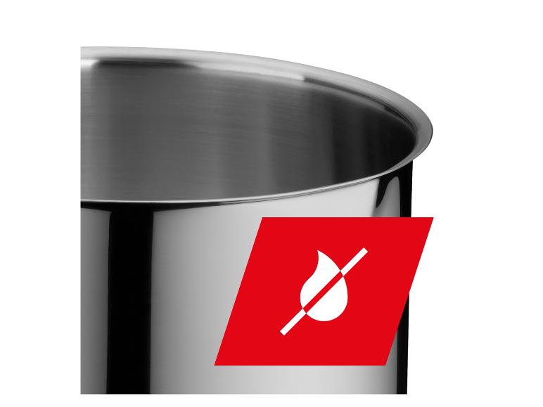 Ein Kochtopf aus Edelstahl mit einem roten durchgestrichenen Flammensymbol.