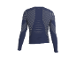 Dunkelblaues Langarmshirt mit geometrischem Muster aus hellen Streifen.