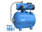 Blaue Wasserpumpe mit Druckbehälter, beschriftet mit „Kessel 100 l“.
