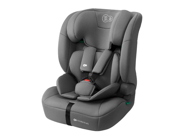 Grauer Kindersitz mit Fünfpunktgurt und verstellbarer Kopfstütze.