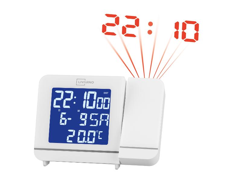 LIVARNO Wecker mit Projektor, der 22:10 Uhr und 20.0°C anzeigt