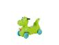 Grünes Dinosaurier-Rutschauto mit blauen Rädern.
