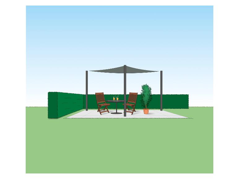 Pergola mit Sonnensegel, Tisch und Stühlen auf einer Terrasse, umgeben von einer Hecke.