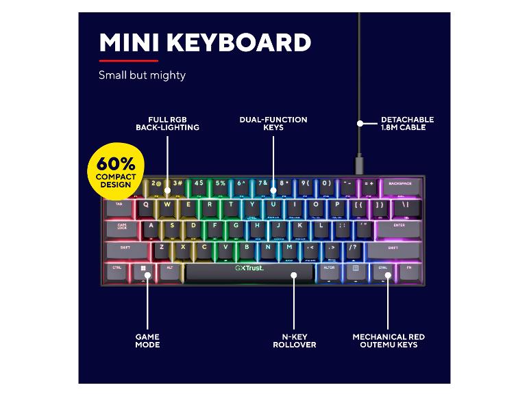 Mini-Mechanik-Tastatur mit RGB-Hintergrundbeleuchtung, abnehmbarem Kabel und 60% kompaktem Design.