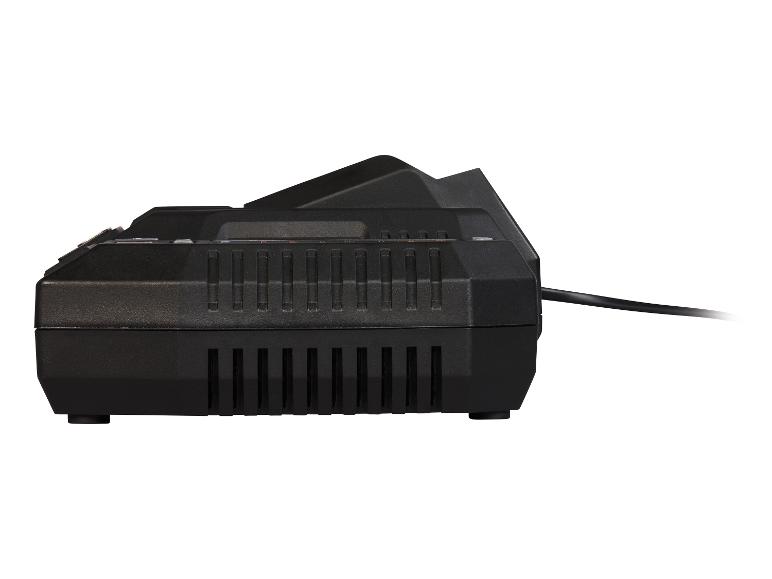 Schwarzes Akkuladegerät für Elektrowerkzeuge, Seitenansicht