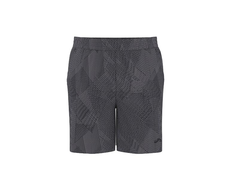Graue Sportshorts mit geometrischem Muster und elastischem Bund.