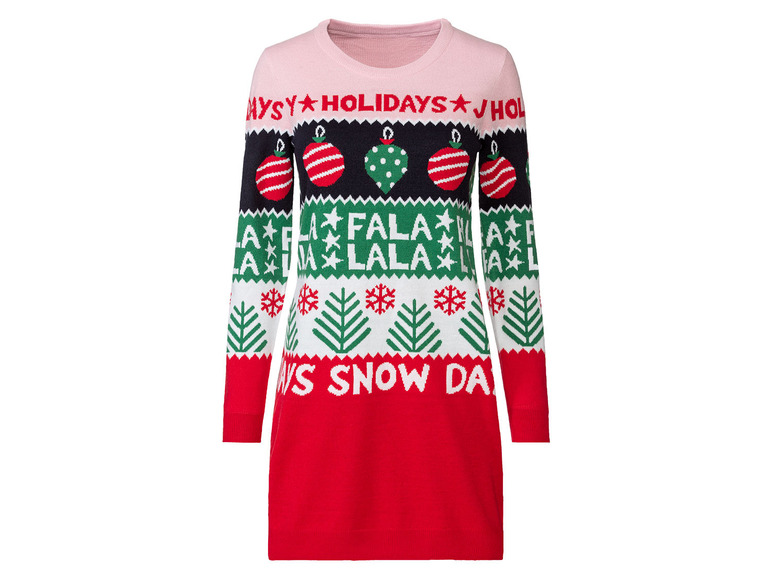 Ein rosa Weihnachtspullover mit Christbaumkugeln, Schneeflocken und dem Schriftzug 'Fa La La'.