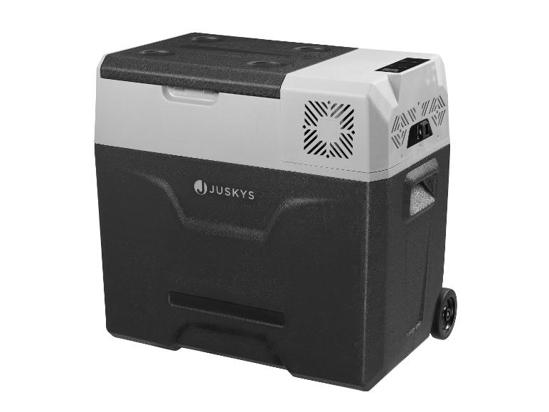Schwarze und graue tragbare elektrische Kühlbox mit Rollen und Griffen.