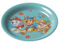 Ein blauer Teller mit Paw Patrol-Figuren, darunter Chase, Marshall und Rubble.